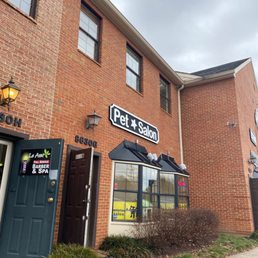 Red brick strip mall. Red brick strip mall.