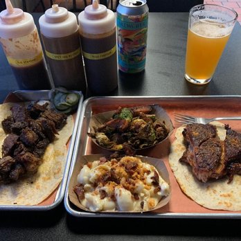 BEAST Craft BBQ - awesome dinner - l to r: burnt ends, brussel sprouts, mac&cheese w/ bacon, pork steak - Barbeque Near Me - Belleville, Illinois