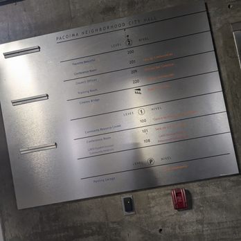 Pacoima City Hall - Directory next to the elevator in the underground parking - Town Hall Near Me - Los Angeles, California
