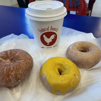 Federal Donuts - (Left to Right) Strawberry Lavender donut - hot & fresh, Donut Latte, Lemon Ginger donut, Original Glazed donut - Donuts Near Me - Philadelphia, Pennsylvania Federal Donuts - (Left to Right) Strawberry Lavender donut - hot & fresh, Donut Latte, Lemon Ginger donut, Original Glazed donut - Donuts Near Me - Philadelphia, Pennsylvania