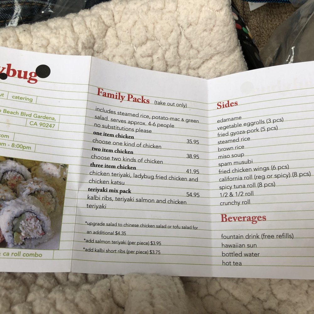 Ladybug Café - back of menu with family packs and sides/drinks - Japanese Near Me - Gardena, California Ladybug Café - back of menu with family packs and sides/drinks - Japanese Near Me - Gardena, California