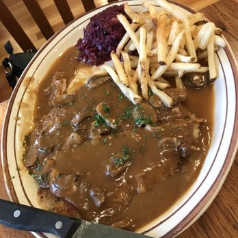 Altdorf Biergarten - Jägerschnitzel with fries and red cabbage. - German Near Me - Fredericksburg, Texas Altdorf Biergarten - Jägerschnitzel with fries and red cabbage. - German Near Me - Fredericksburg, Texas