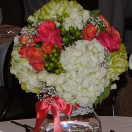 Jody's beautiful centerpiece incorporating coral, celery green and white. Jody's beautiful centerpiece incorporating coral, celery green and white.