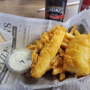 Seattle Fish House - 2 piece beer battered cod, with fries and tartar sauce. Malt vinegar on the table. - Fish & Chips Near Me - Mesa, Arizona