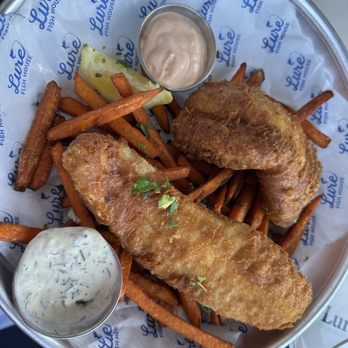Lure Fish House - Classic Fish and Chips, sweet potato fries, tarter sauce, spicy thousand island dipping sauce , slice of lemon, parsley - Seafood Near Me - Camarillo, California