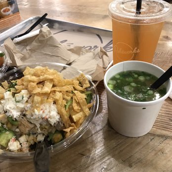 Pokeworks - miso soup, chicken and shrimp bowl - Poke Near Me - Irvine, California