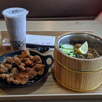 Moom Muum  - Popcorn chicken, special Thai fried rice, and Taro milk green tea (with boba and half sugar) - Thai Near Me - Dallas, Texas