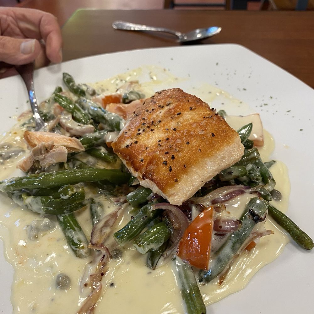 New Town Cafe - Really good portion salmon on a tasty bed of vegetables! - Breakfast & Brunch Near Me - Turlock, California New Town Cafe - Really good portion salmon on a tasty bed of vegetables! - Breakfast & Brunch Near Me - Turlock, California