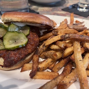 Lula and Sadie’s - Hot Chicken Sándwich with fries. The ketchup is house made! - Southern Near Me - Durham, North Carolina