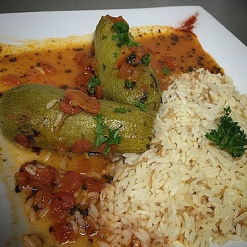 El Basha Restaurant - Stuffed Squash (Kousa) served with Rice Pilaf and Special Tomato Sauce - Middle Eastern Near Me - Worcester, Massachusetts
