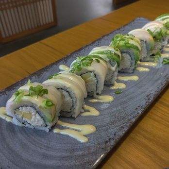 Sushi Warriors - Yuki roll (crab and mango, escolar, wasabi mayo) - Sushi Bars Near Me - Austin, Texas Sushi Warriors - Yuki roll (crab and mango, escolar, wasabi mayo) - Sushi Bars Near Me - Austin, Texas