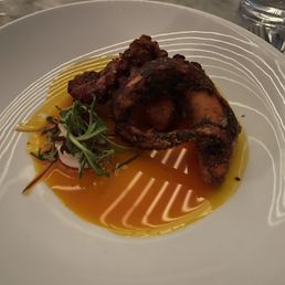 Octopus - A dish with a roasted octopus tentacle, garnished with microgreens, served with a sauce and decorative white lines on a white plate.