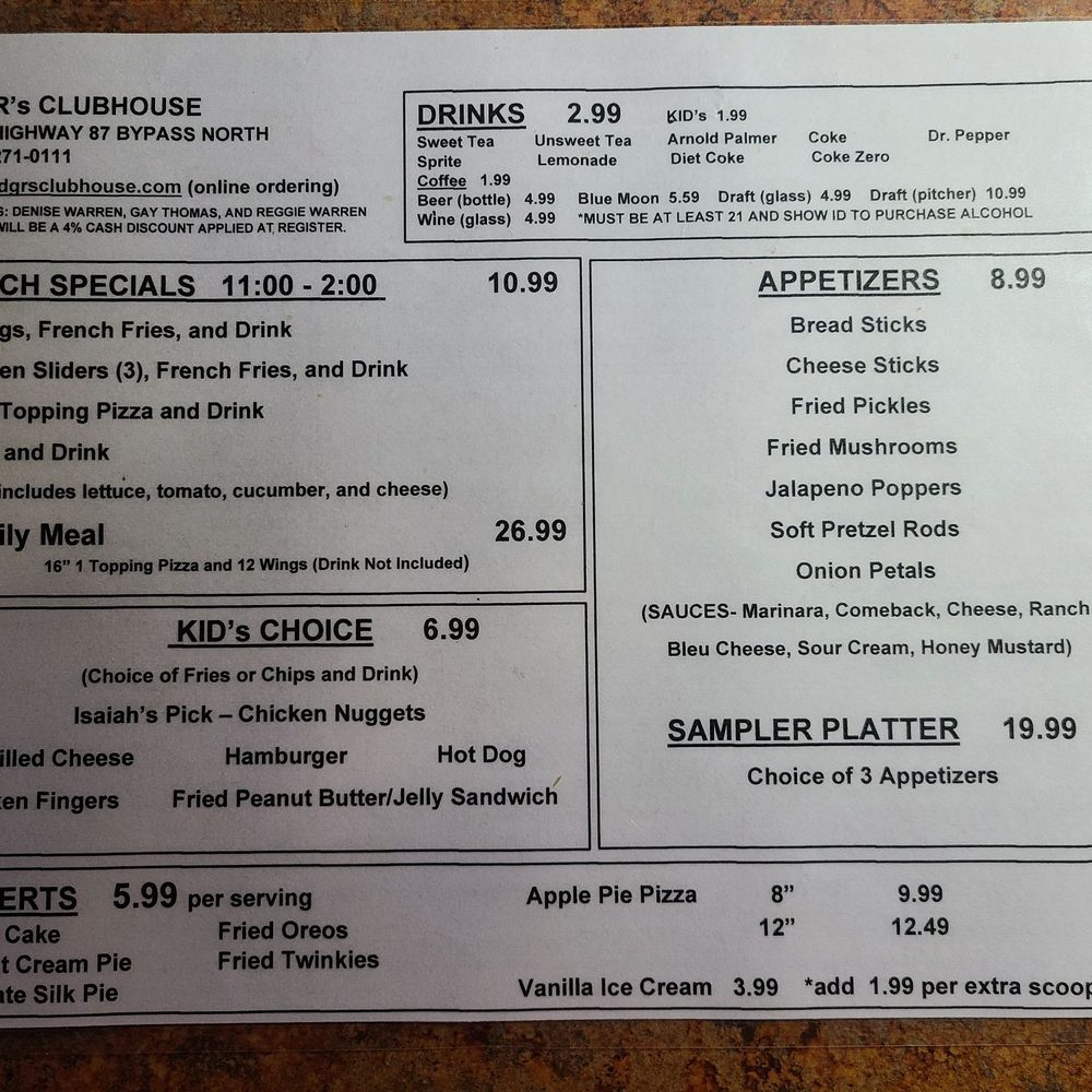 DGR's Clubhouse - Menu - Chicken Wings Near Me - Cochran, Georgia