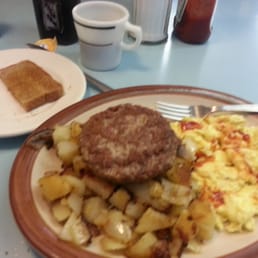 Full breakfast, homemade sausage patty. Just enough food.