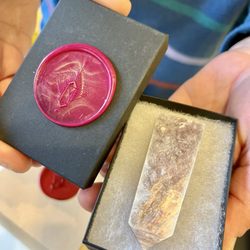Phantom Quartz - Second lepidolite piece with exceptional pink/pearlescence. The box is decorated with a pink wax stamp that has a dust of gold.