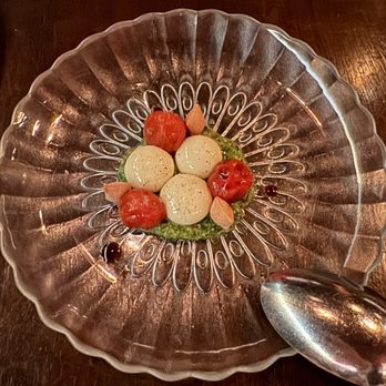 Bazaar Meat by José Andrés - "NOT YOUR EVERYDAY CAPRESE SALAD" Liquid mozzarella, pesto, campari tomato - Steakhouses Near Me - Las Vegas, Nevada