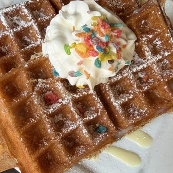 & Waffles - Fruity pebbles waffle. Very little fruity pebbles - Breakfast & Brunch Near Me - Long Beach, California & Waffles - Fruity pebbles waffle. Very little fruity pebbles - Breakfast & Brunch Near Me - Long Beach, California