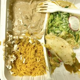 My mostly eaten very tiny shrimp tacos with disgusting refried bean soup n rice with sour cream removed for.... Someone? My mostly eaten very tiny shrimp tacos with disgusting refried bean soup n rice with sour cream removed for.... Someone?