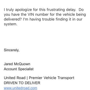 United Road Services - Email between myself and United Road - Vehicle Shipping Near Me - Plymouth, Michigan