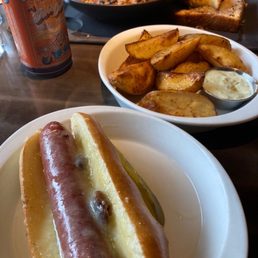 Mountain dog, Yukon gold potatoes, bowl of chili & root beer Mountain dog, Yukon gold potatoes, bowl of chili & root beer