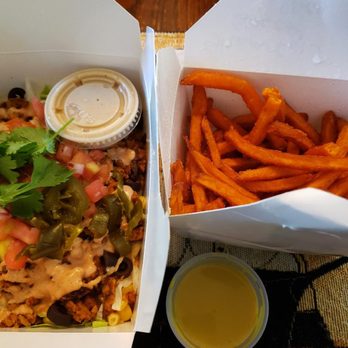 Manna Kitchen - Sweet potato fries, maple mustard sauce no judging LOL..Taco salad, Let's eat! - Vegan Near Me - Lisle, Illinois