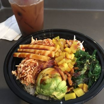 Poke Zone - My bowl and some passionfruit black tea with boba - Sushi Bars Near Me - Oakland, California Poke Zone - My bowl and some passionfruit black tea with boba - Sushi Bars Near Me - Oakland, California