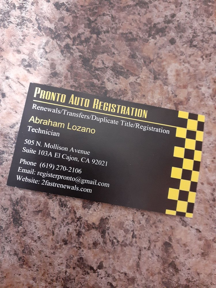 PRONTO AUTO REGISTRATION 17 Photos 505 N Mollison Ave, El Cajon, California Registration