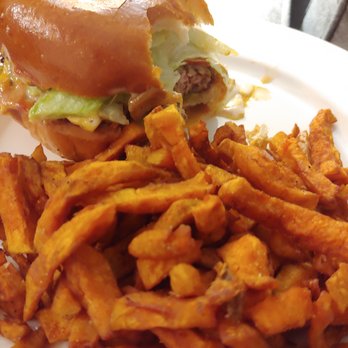 Riverside Burgers - Cheese Burger with caramelized onions instead of red onion, with a side of sweet potato fries - Burgers Near Me - Toronto, Ontario Riverside Burgers - Cheese Burger with caramelized onions instead of red onion, with a side of sweet potato fries - Burgers Near Me - Toronto, Ontario