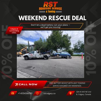RST Roadside Service & Towing - We're offering a FREE battery boost with any towing service booked on Saturdays or Sundays. - Roadside Assistance Near Me - Calgary, Alberta RST Roadside Service & Towing - We're offering a FREE battery boost with any towing service booked on Saturdays or Sundays. - Roadside Assistance Near Me - Calgary, Alberta