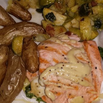 Piper's Pub - Salmon with mustard sauce, fingerling potatoes over wilted arugula (not enough) and veg side (brussel sprouts, unfortunately) - British Near Me - Pittsburgh, Pennsylvania Piper's Pub - Salmon with mustard sauce, fingerling potatoes over wilted arugula (not enough) and veg side (brussel sprouts, unfortunately) - British Near Me - Pittsburgh, Pennsylvania