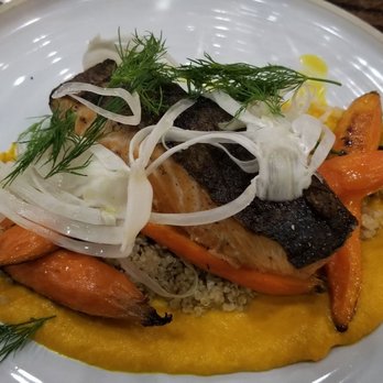 Prescott's Provisions - Salmon with fennel, charred carrots & squash puree - New American Near Me - Tonawanda, New York Prescott's Provisions - Salmon with fennel, charred carrots & squash puree - New American Near Me - Tonawanda, New York