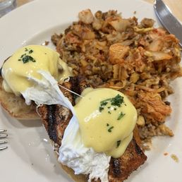 Blackened Cajun Salmon Eggs Benedict with Kimchee Fried Rice
