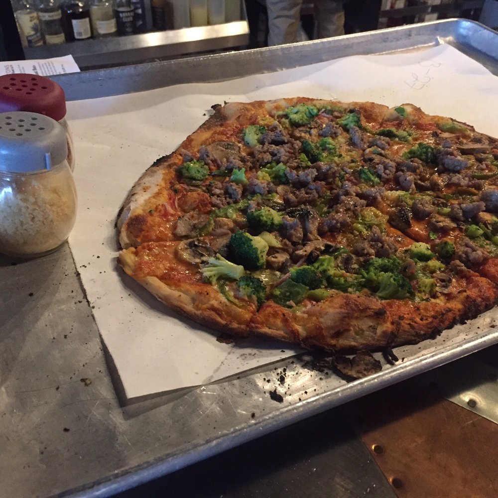 Brewport - Tree Hugger pizza well done....sausage added. Delishhhh! - Pizza Near Me - Bridgeport, Connecticut Brewport - Tree Hugger pizza well done....sausage added. Delishhhh! - Pizza Near Me - Bridgeport, Connecticut