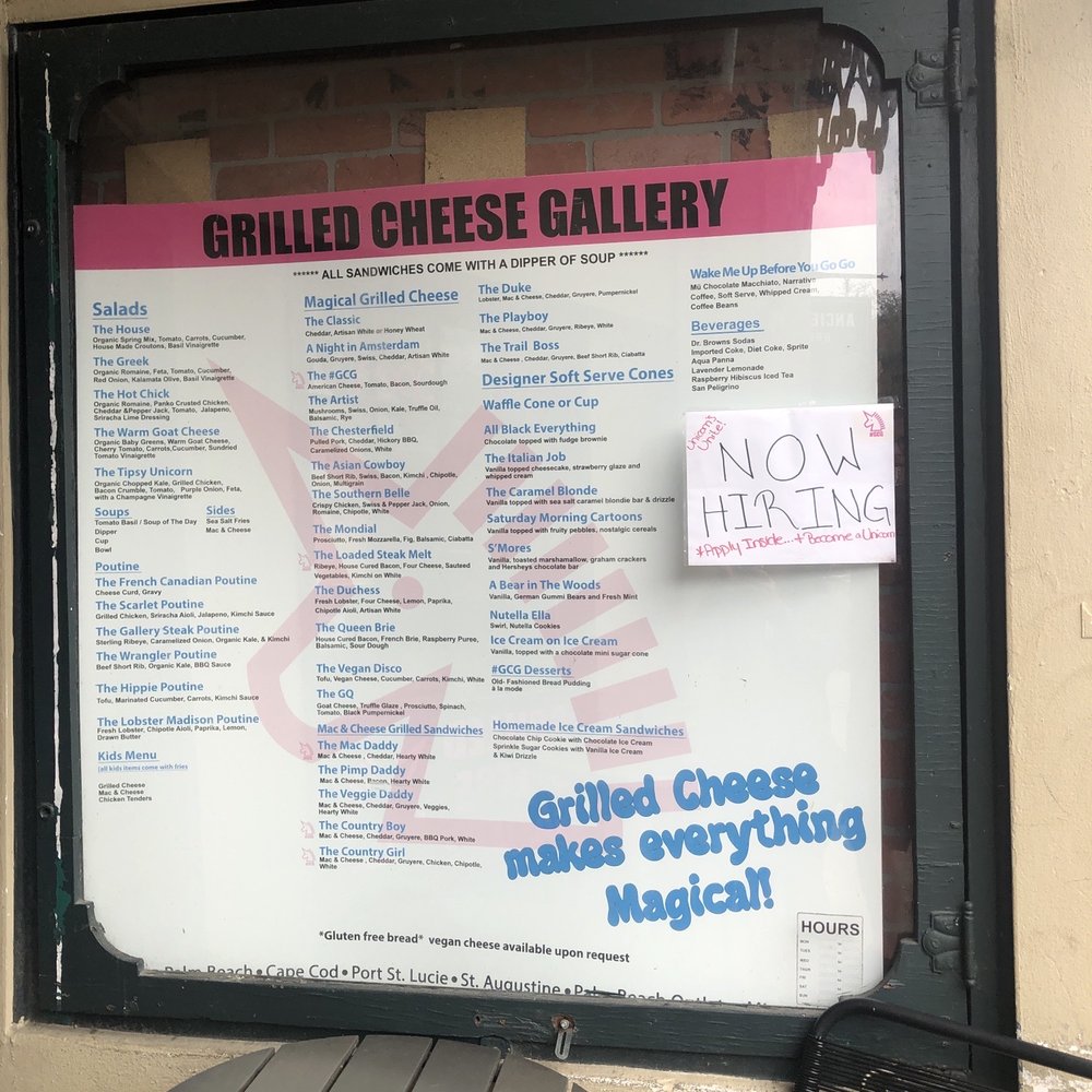 Grilled Cheese Gallery - Amazing menu posted outside - Ice Cream & Frozen Yogurt Near Me - St. Augustine, Florida Grilled Cheese Gallery - Amazing menu posted outside - Ice Cream & Frozen Yogurt Near Me - St. Augustine, Florida