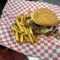Lil Sumthin Cafe - Our Swiss Bacon Mushroom steak burger