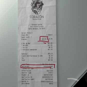Corazon Cocina - Receipt for what we ate. - Mexican Near Me - Santa Barbara, California