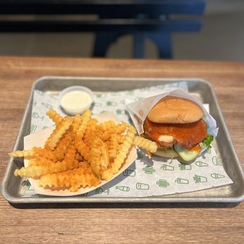 Shake Shack Parsippany atop The Hill - Buffalo Chicken Sandwich (~$8) & Buffalo Spiced Fries (~$4) - Fast Food Near Me - Parsippany, New Jersey Shake Shack Parsippany atop The Hill - Buffalo Chicken Sandwich (~$8) & Buffalo Spiced Fries (~$4) - Fast Food Near Me - Parsippany, New Jersey