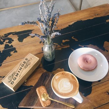 The Press Espresso - Macadamia nut cappuccino and a pink vegan donut - Bakeries Near Me - Temecula, California The Press Espresso - Macadamia nut cappuccino and a pink vegan donut - Bakeries Near Me - Temecula, California