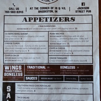 Jackson St. Pub - Simple and smart menu for the modern pub - Pubs Near Me - Brookston, Indiana