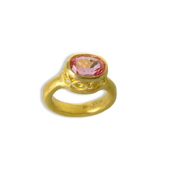Studio 22k - Sherri Dhyan: 22k Signature Filigree Bezel Ring, set with a padparascha sapphire. - Jewelry Near Me - Paia, Hawaii Studio 22k - Sherri Dhyan: 22k Signature Filigree Bezel Ring, set with a padparascha sapphire. - Jewelry Near Me - Paia, Hawaii