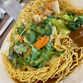 Bone & Broth - Bird nest crispy fried noodle. Excuse the missing piece, as I remembered to take this picture a few bites in. - Vietnamese Near Me - Ontario, California