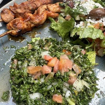 Sufrat Mediterranean Grill - Chicken Kebab Tandoori Chicken Platter (spicy) with Tabbouleh Salad and Greek Salad - Mediterranean Near Me - Miami, Florida