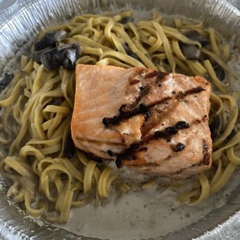 Mirko Pasta & Pizza - Fettuccine pasta with funghi mushrooms, cream, and Parmesan sauce + salmon - Pasta Shops Near Me - Brookhaven, Georgia Mirko Pasta & Pizza - Fettuccine pasta with funghi mushrooms, cream, and Parmesan sauce + salmon - Pasta Shops Near Me - Brookhaven, Georgia