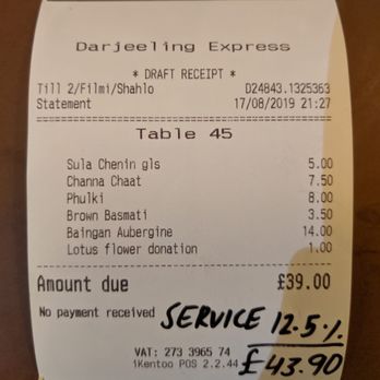 Darjeeling Express - Our receipt, for a modest dinner for two - Indian Near Me - London, XGL