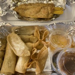 Crazy Thai Restaurant - A8. Crazy Combo - 2 chicken satay, 2 crab rangoon, 2 spring rolls, 2 dumplings (all with dipping sauces)