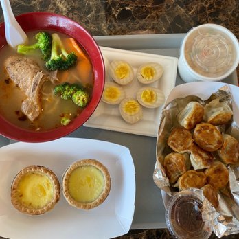 Ling Long - Pork noodles, Pork Dumplings, with sides of fried rice and Tea Egg (two combos) and dessert of egg tarts - Chinese Near Me - Houston, Texas Ling Long - Pork noodles, Pork Dumplings, with sides of fried rice and Tea Egg (two combos) and dessert of egg tarts - Chinese Near Me - Houston, Texas