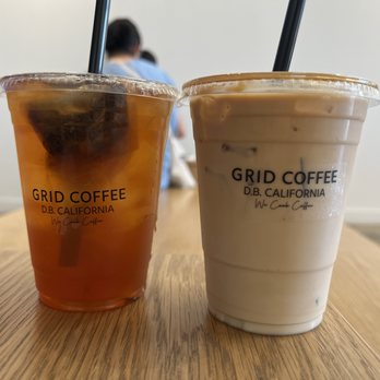 Grid Coffee - iced peach tes ($4) + iced vanilla latte ($5.50) - Coffee & Tea Near Me - Diamond Bar, California Grid Coffee - iced peach tes ($4) + iced vanilla latte ($5.50) - Coffee & Tea Near Me - Diamond Bar, California