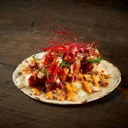 Taco Bamba Herndon - Stranger Danger taco nuestro with BBQ Pork Nuggets,pickled and crispy onions, candied chiles, chipotle mayo, chihuahua cheese...