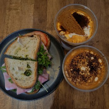 Rny Coffee Studio - pesto sandwhich, Vienna latte (top), peanut cream top (bottom) - Cafes Near Me - Los Angeles, California Rny Coffee Studio - pesto sandwhich, Vienna latte (top), peanut cream top (bottom) - Cafes Near Me - Los Angeles, California