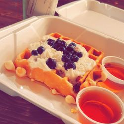 Cold Smoke Coffee - The Shrek drink and waffles with blueberries